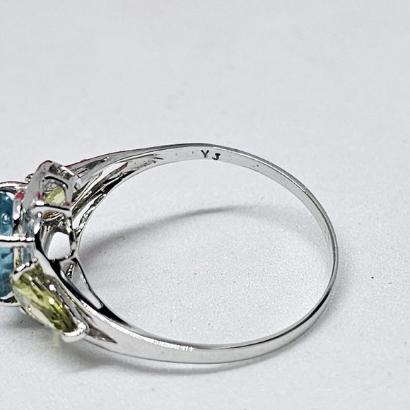 Signed YJ Blue Topaz & Peridot Gem Stones 10K White Gold Ring Size 7 - Picture 8 of 12